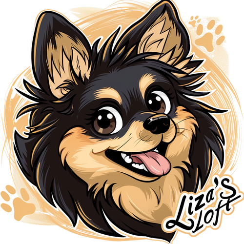 Cartoon dog illustration with 'Liza's Loft' logo